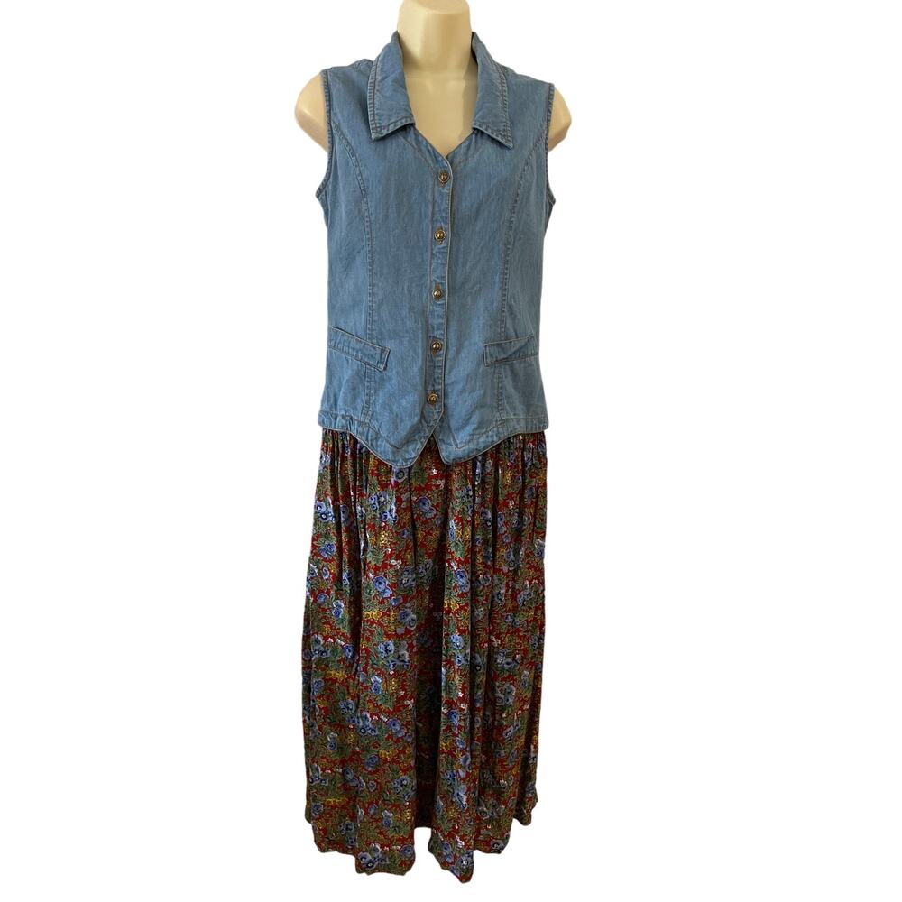 Vintage 1990’s Westport LTD. Denim Maxi Dress with Red Floral Print Skirt Size 6